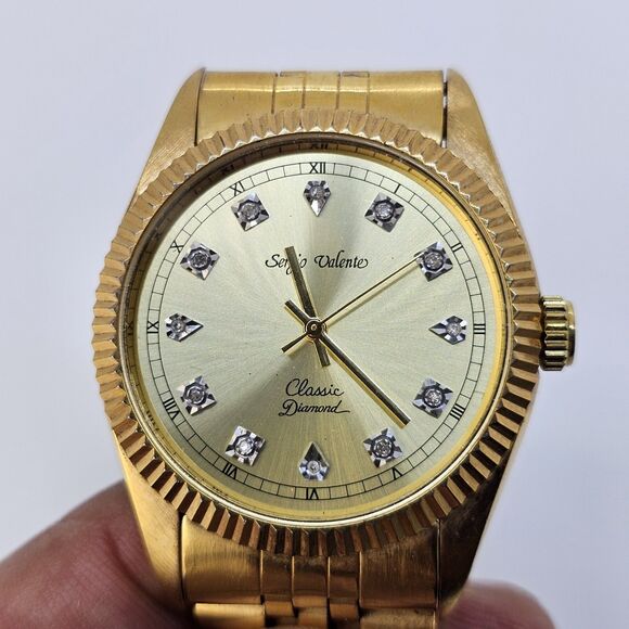 VTG Sergio Valente Watch 36MM Gold Dial Gold Bracelet Diamonds 7.5" NewBattery - Picture 5 of 15